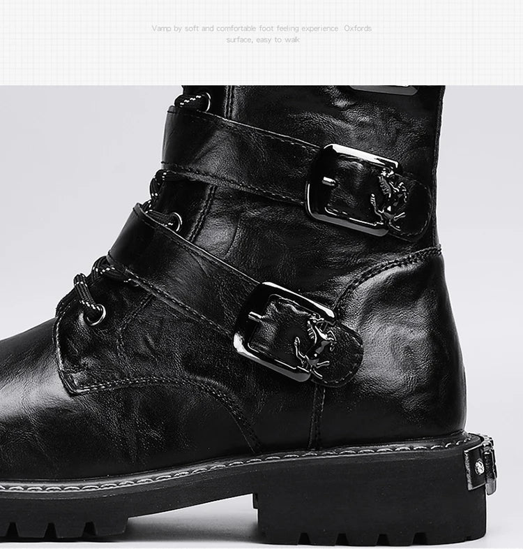 DEADFUEL BLACKOUT: Men’s Mid-Calf Leather Motorcycle Boots with Zip Buckle – Streetwear Punk Cowboy Tool Boots for Winter Chaos - Premium boots from dsers - Just $135.99! Shop now at Lizard Vigilante