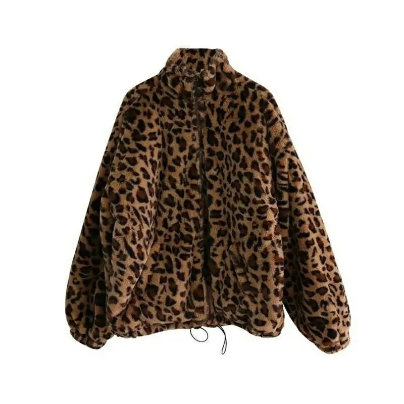 Autumn Fuzzy Leopard Print Jacket for Women – Warm Stand Collar Parka - Premium coat from Lizard Vigilante - Just $68.88! Shop now at Lizard Vigilante