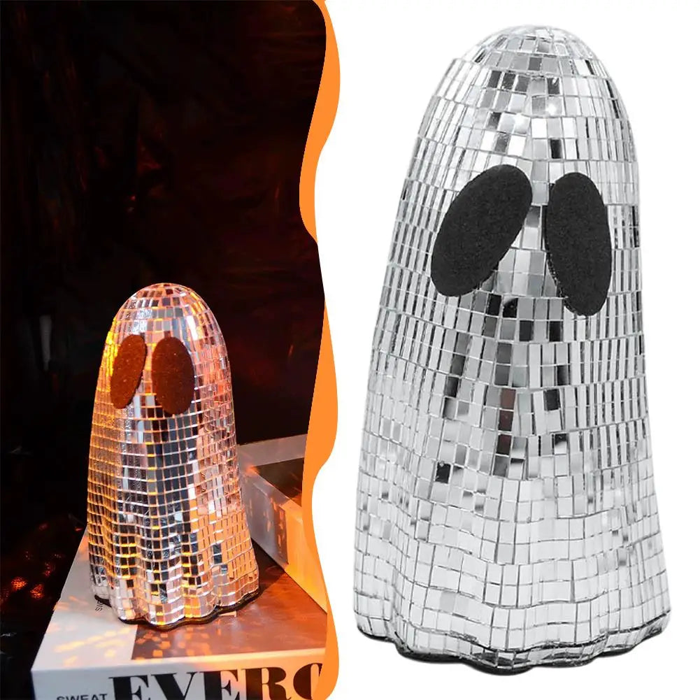 Halloween Disco Ghost Ornament Silver Mosaic Mirror Disco Ghost Tabletop Decor Glitter Spooky Ghost Halloween Tiered Tray Decor