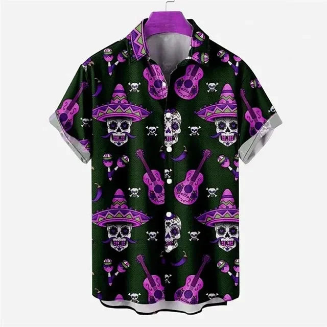 Men's Shirt Skull Guitar Hawaiian Lapel Button Top Beach Casual and Comfortable Short-Sleeved Shirt Style - Premium shirt from Lizard Vigilante - Just $20.99! Shop now at Lizard Vigilante
