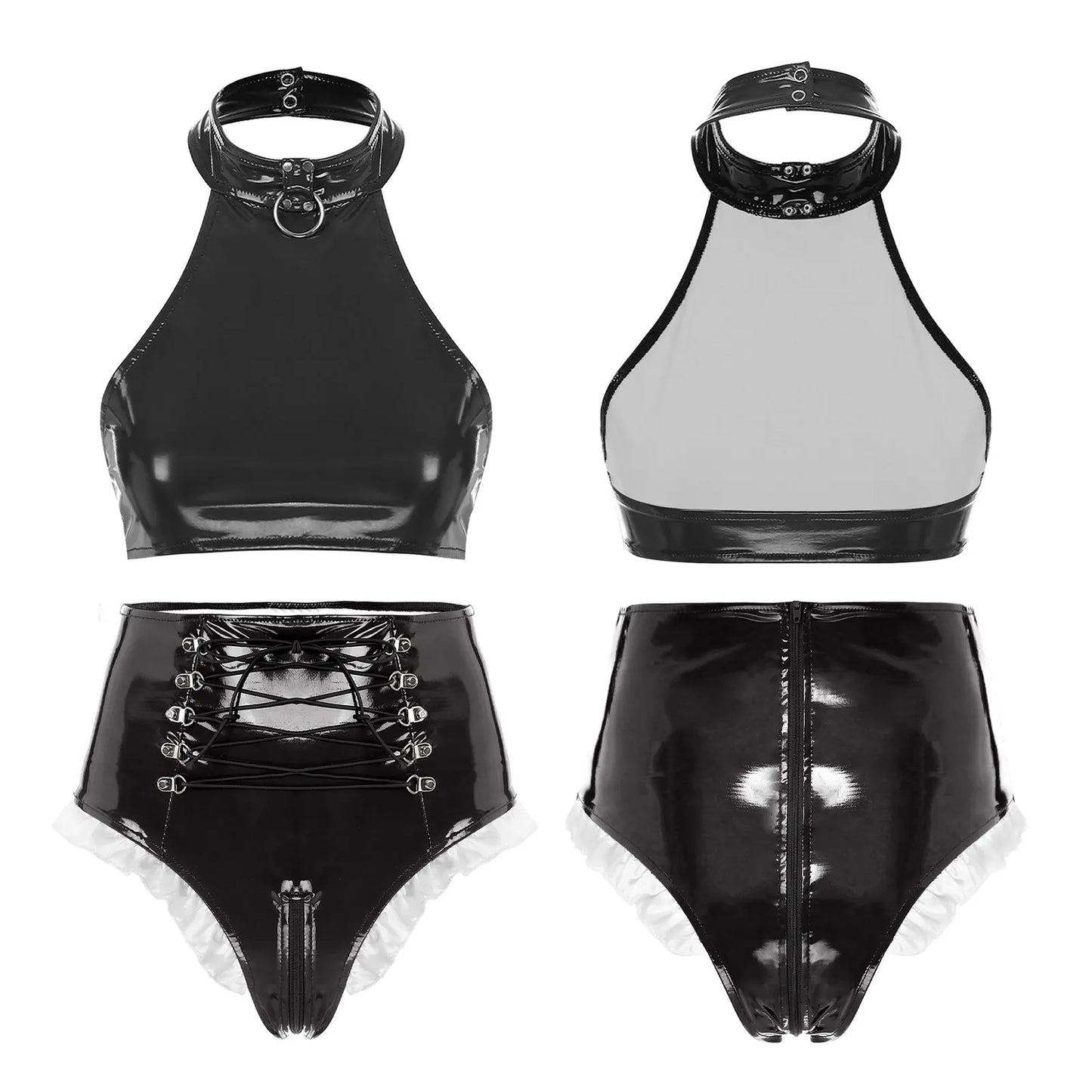 Women's Moto & Biker Latex-Style Clubwear Set – Leather Lingerie for Pole Dance, Cosplay, and Nightclub Parties - Premium clubwear from Lizard Vigilante - Just $48.88! Shop now at Lizard Vigilante