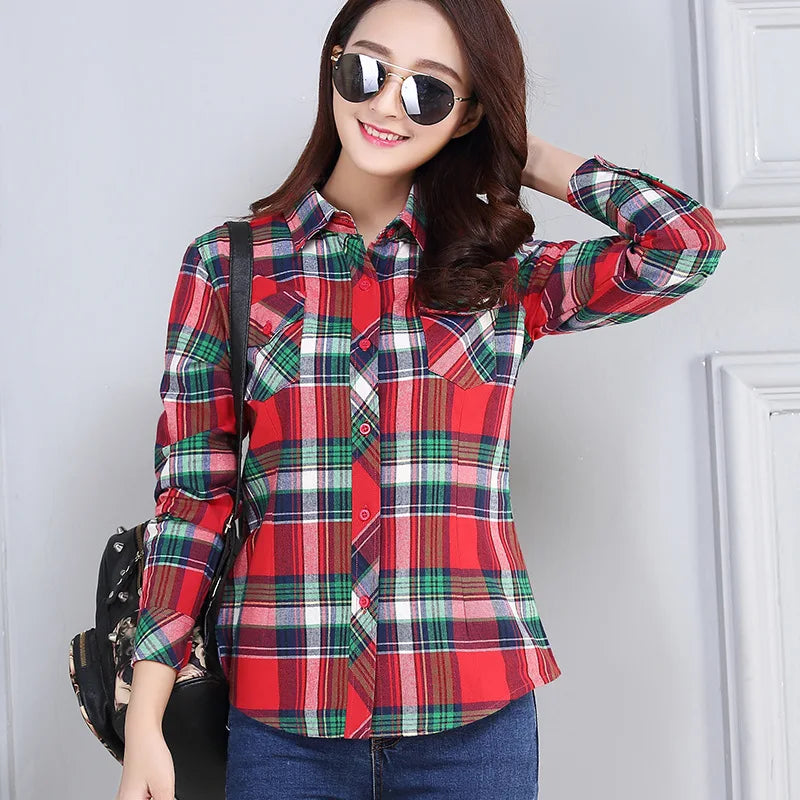 Women’s Cotton Flannel Plaid Shirt – College Style Long Sleeve Blouse with Pockets – Timeless Casual Elegance - Premium shirt from Lizard Vigilante - Just $38.88! Shop now at Lizard Vigilante