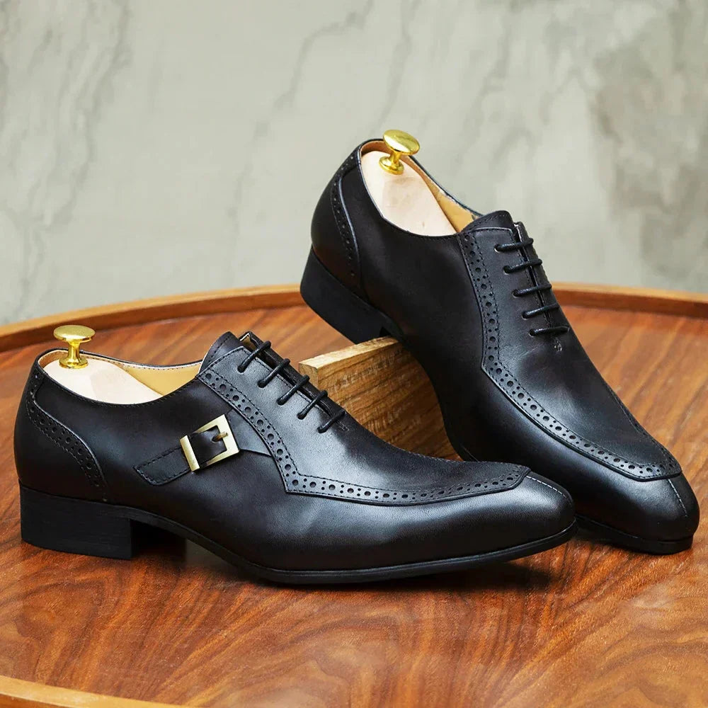 Men's Luxury Leather Oxford Dress Shoes – Brown/Black Formal Lace-Up with Buckle for Office, Business, and Wedding Vibes - Premium shoes from dsers - Just $155.99! Shop now at Lizard Vigilante