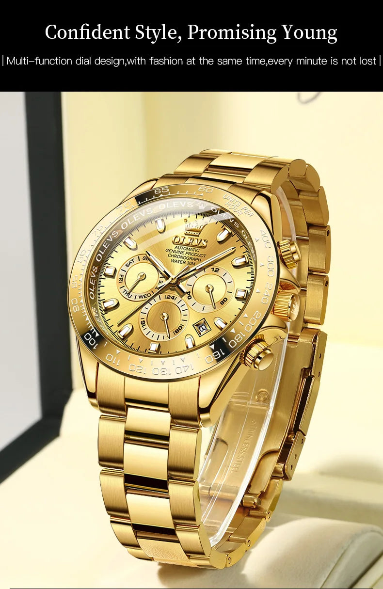 OLEVS Original Gold Watch for Men Automatic Mechanical Multifunctional Three Small Dials Luxury Brand Men's Wristwatch Upgraded - Premium  from Lizard Vigilante - Just $139.99! Shop now at Lizard Vigilante