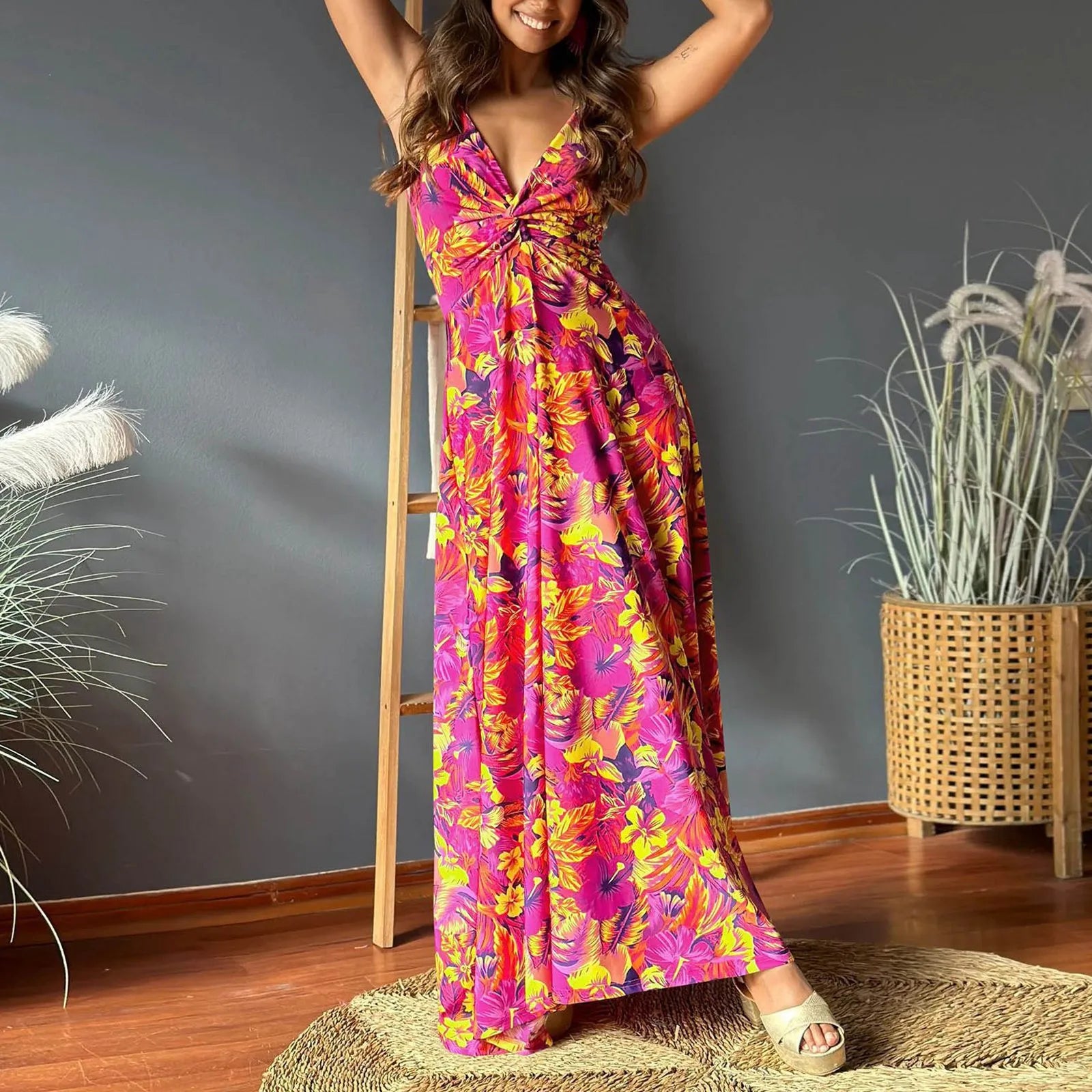 Boho Bliss! Spaghetti Strap Backless Maxi Dress – Floor-Length Floral Fantasy for Casual Holidays & Prom - Premium dress from Lizard Vigilante - Just $43.33! Shop now at Lizard Vigilante