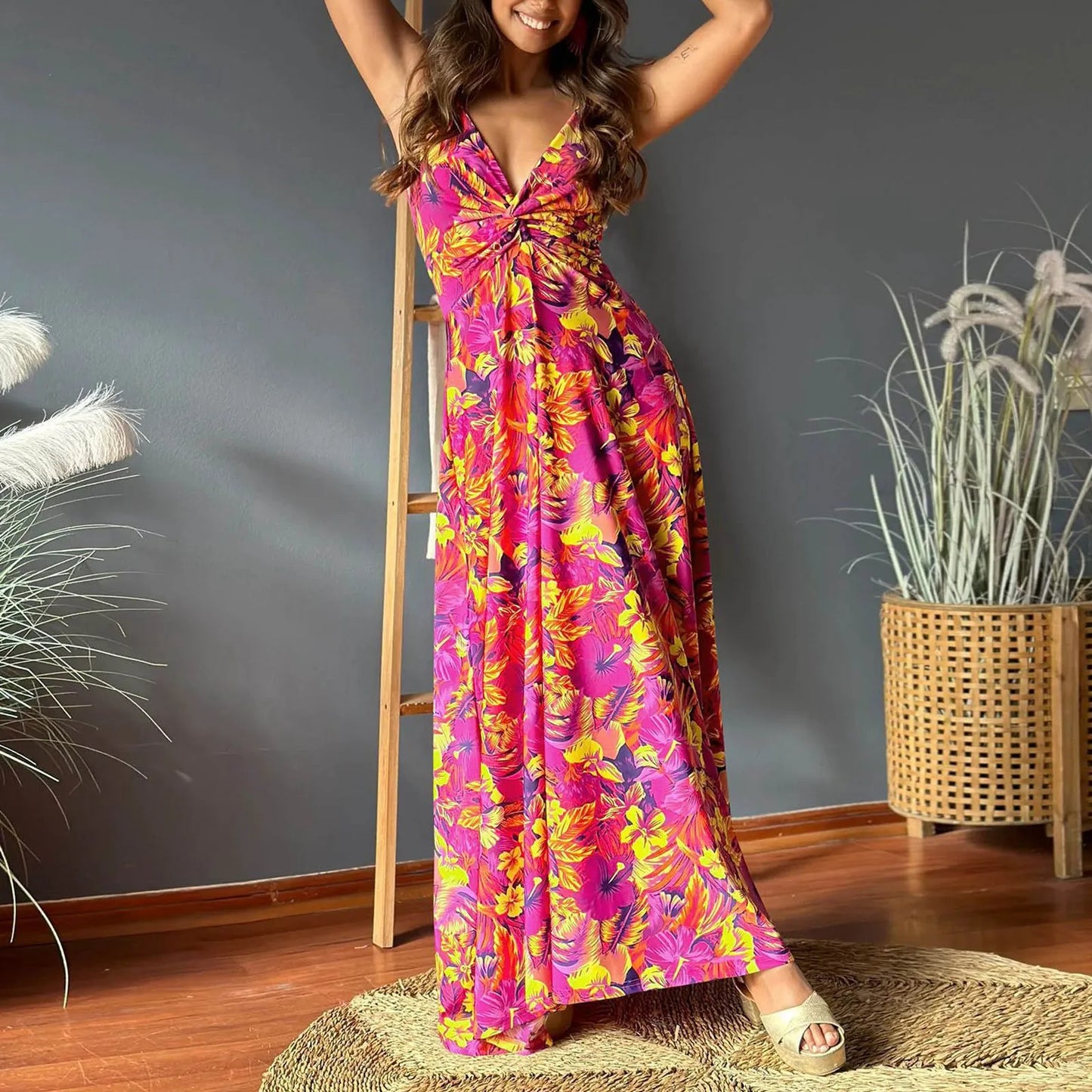 Boho Bliss! Spaghetti Strap Backless Maxi Dress – Floor-Length Floral Fantasy for Casual Holidays & Prom - Premium dress from Lizard Vigilante - Just $43.33! Shop now at Lizard Vigilante