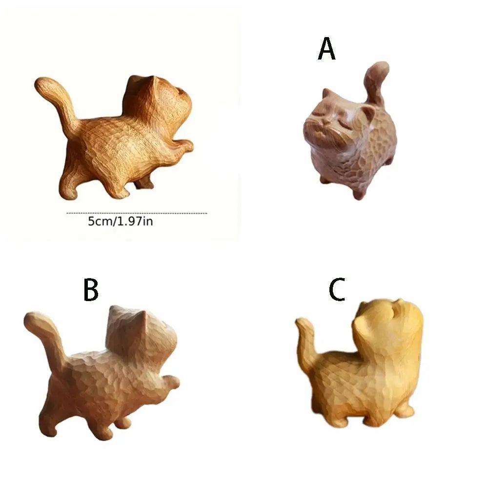Cat Ornament Hand-carved Wooden Cat Statue Tiny Cute Cat Sculpture Miniature Creative Animal Figurine Desktop