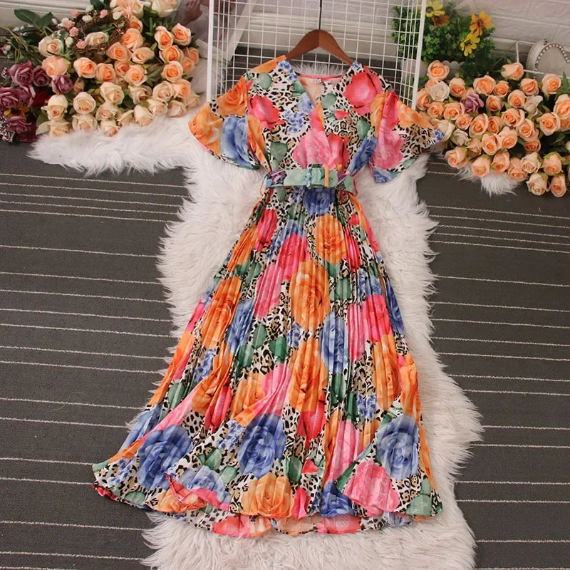 Women Dress Fashion Vintage Ins Bandage Slim Waist A-line Long Dress Vacation Beach Summer Outfits Lady Robe Femme