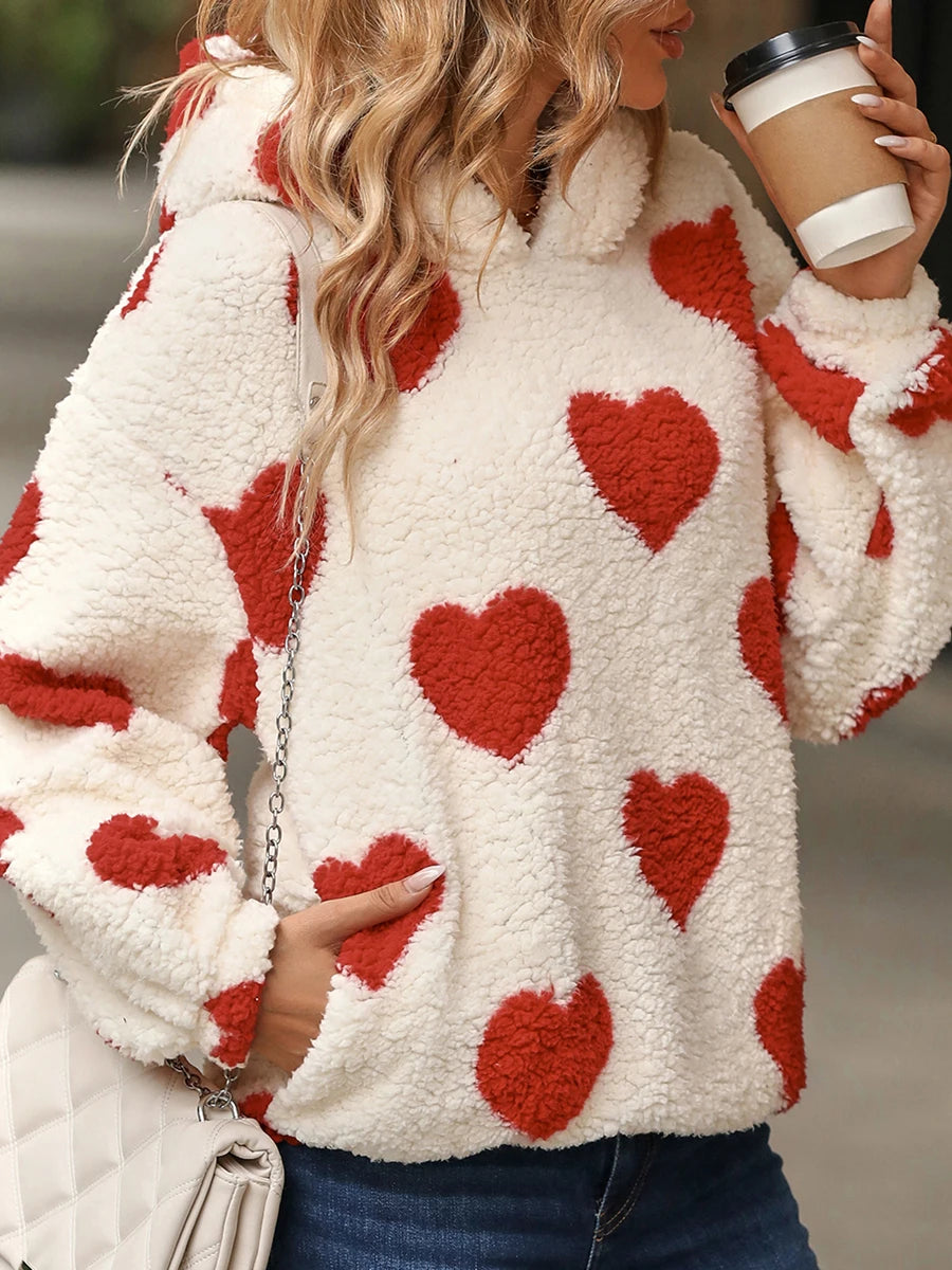 Women's Fuzzy Fleece Hoodies Valentine's Day Sweet Sweatshirts Heart Print Casual Long Sleeves Shaggy Sherpa Pullovers Coat - Premium hoodie from Lizard Vigilante - Just $38.88! Shop now at Lizard Vigilante