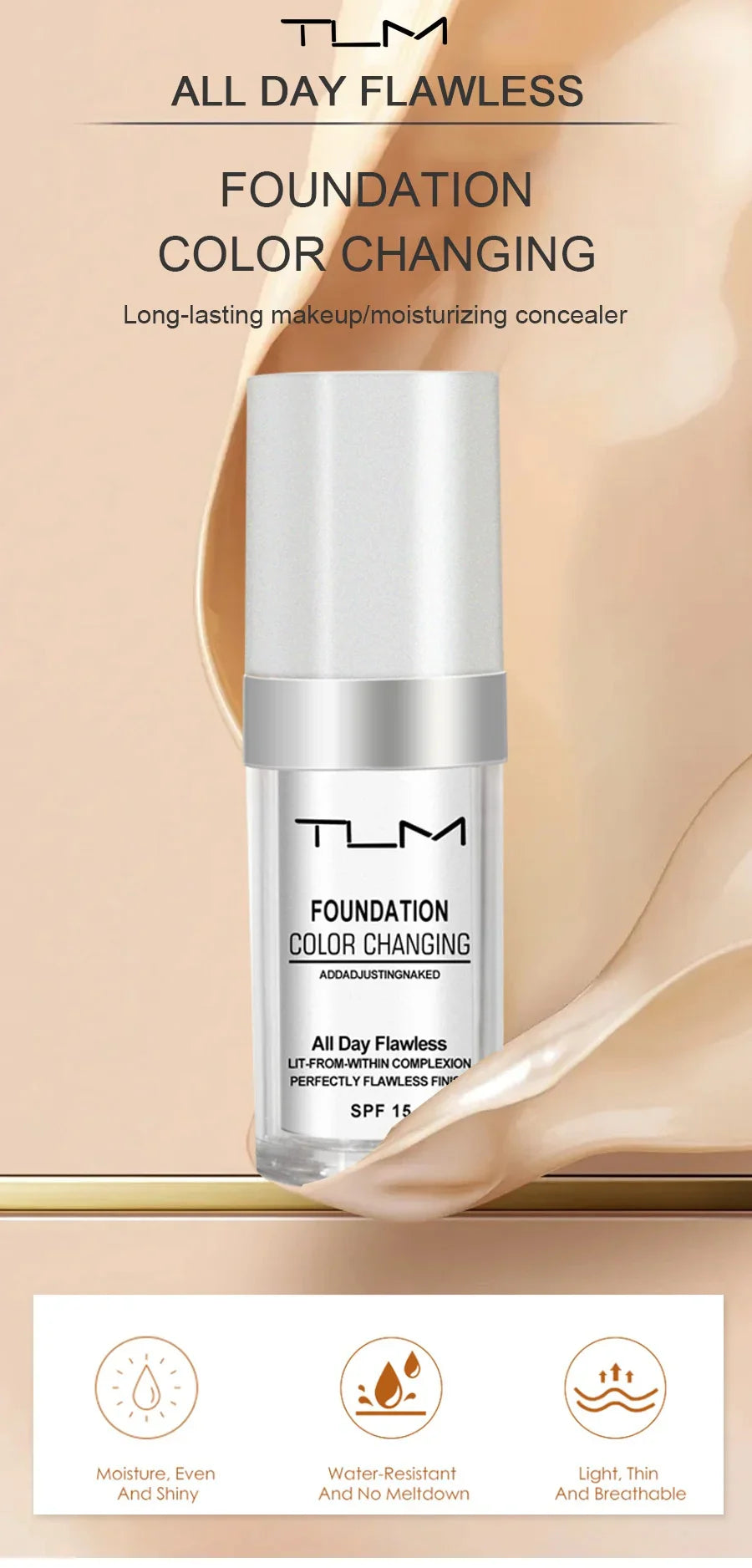 TLM TUM Liquid Foundation Cream Professional Full Coverage Face Concealer Waterproof Makeup Base Brighten Cover Dark Circles30ML