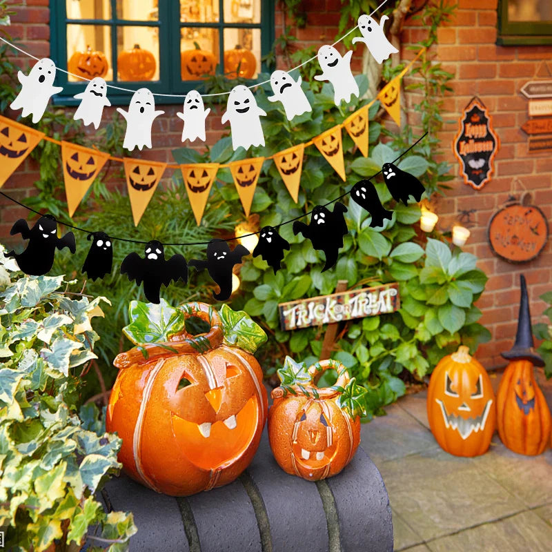 1set Halloween Decoration Banner Bunting Scary Spider Ghost Bat Hanging Garland Pull Flag Pendant For Halloween Party Home Decor
