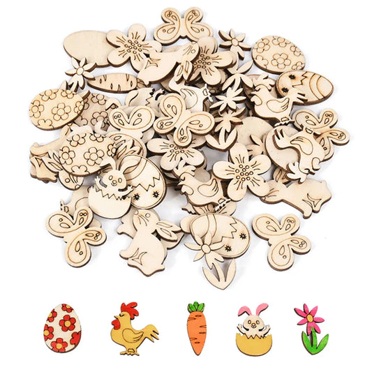 50pcs Easter Wooden Confetti Rabbit Carrot Eggs Kids Painting DIY Crafts Wood Slice 2025 Spring Easter Party Decoration For Home