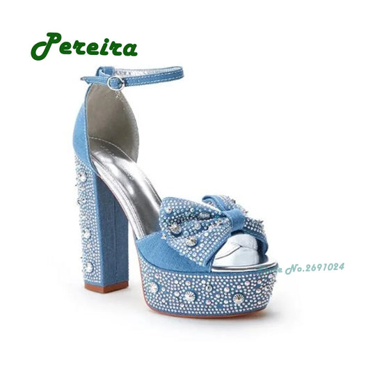 Bejeweled Platform Sandals Denim Blue Chunky Heels Crystal Buckle Sandals for Women Summer Open Toe Knot Elegant Party Shoes - Premium Shoes from Lizard Vigilante - Just $202.99! Shop now at Lizard Vigilante