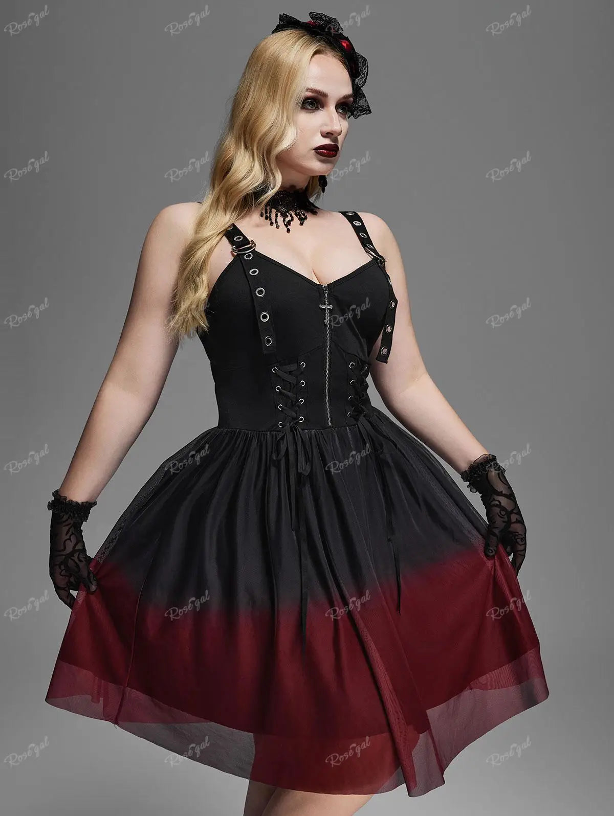 ROSEGAL Plus Size Gothic Mesh Lace-Up Cross Zipper Dress – Elegant Ombre Ruched Layered Knee-Length Vestido for Women - Premium dress from Lizard Vigilante - Just $66.66! Shop now at Lizard Vigilante