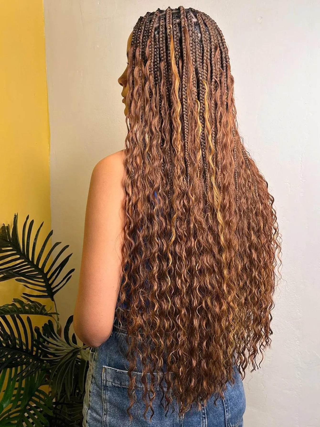 Boho Knotless Braided Wigs Synthetic Full Lace Braids With Curly Hair Ends Goddess Ombre Blonde Box Braided Wigs With Baby Hair