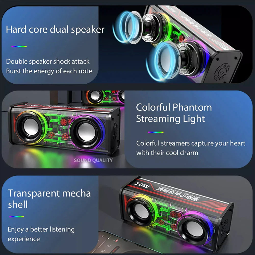 Bluetooth 5.0 Dual Speakers Wireless RGB1800mAh Transparent Mecha Speakers  Light Effect Loudspeaker Bass Subwoofer Mini Speaker