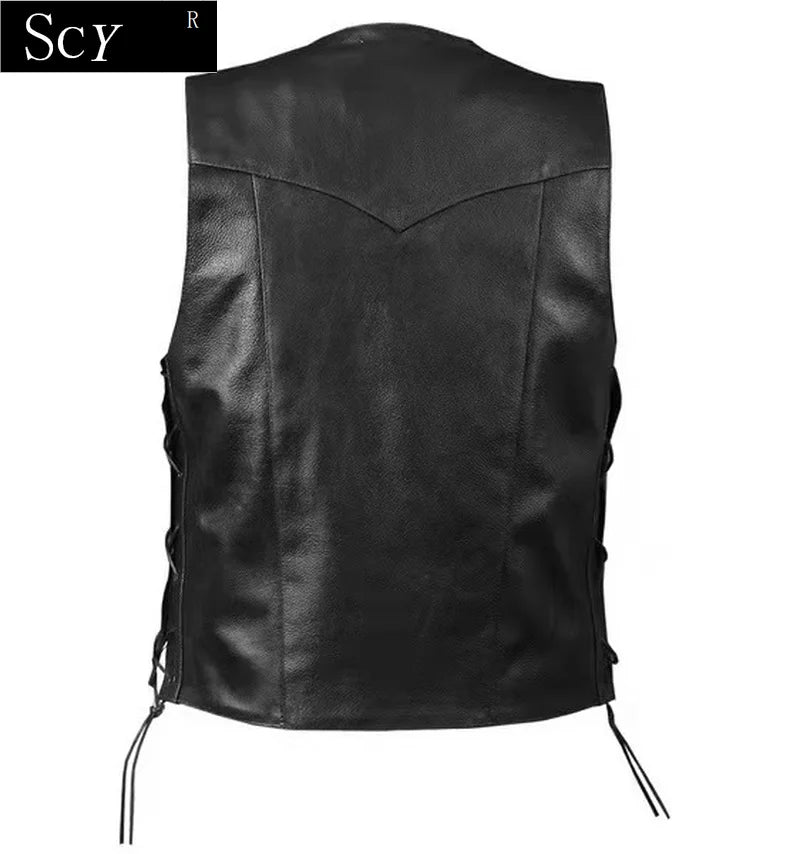 Men's Side Lace Denim Style Biker Leather Vest with Gun Pockets - Premium vest from Lizard Vigilante - Just $38.88! Shop now at Lizard Vigilante