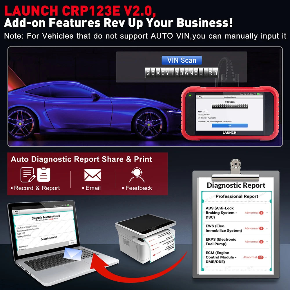 New 2024 LAUNCH X431 CRP123E V2.0 Car OBD2 Diagnostic Tools Auto OBD Scanner ABS SRS Engine AT+ 7 Reset Service Free Update - Premium  from Lizard Vigilante - Just $285.99! Shop now at Lizard Vigilante