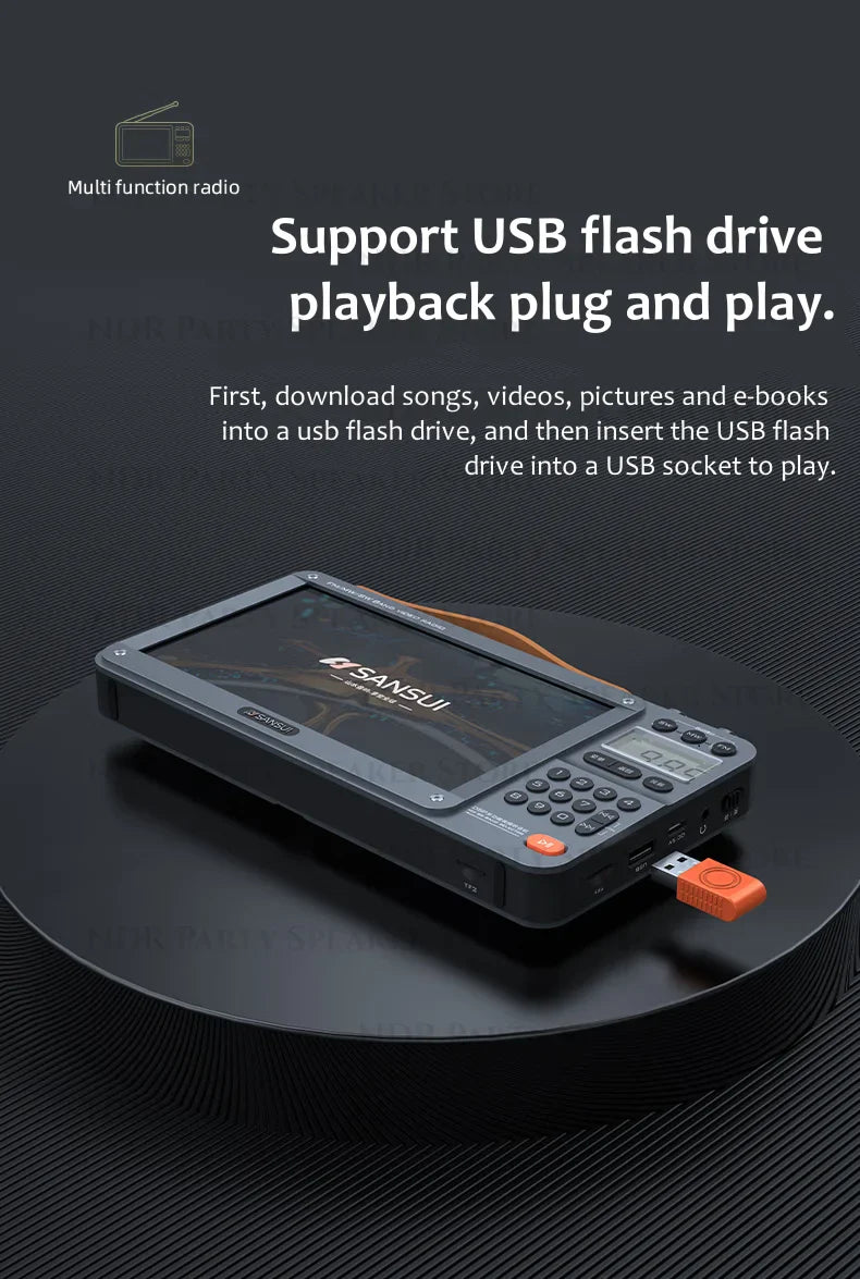 SANSUI Wireless Bluetooth Speakers Home Full-band Radio LED HD Video Player Portable MP4 Walkman Built-in Rechargeable Battery