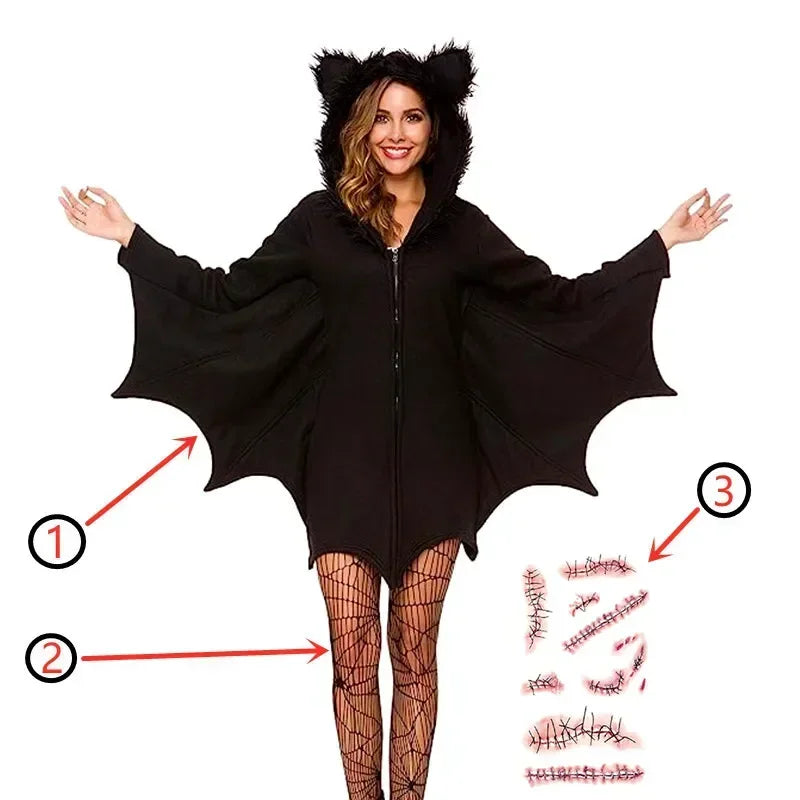 Halloween Women's Bat Dressup Costume Vampire Bat Cosplay Costume Anime Horror Dress Free Black Sexy Socks and Scar Sticker Gift
