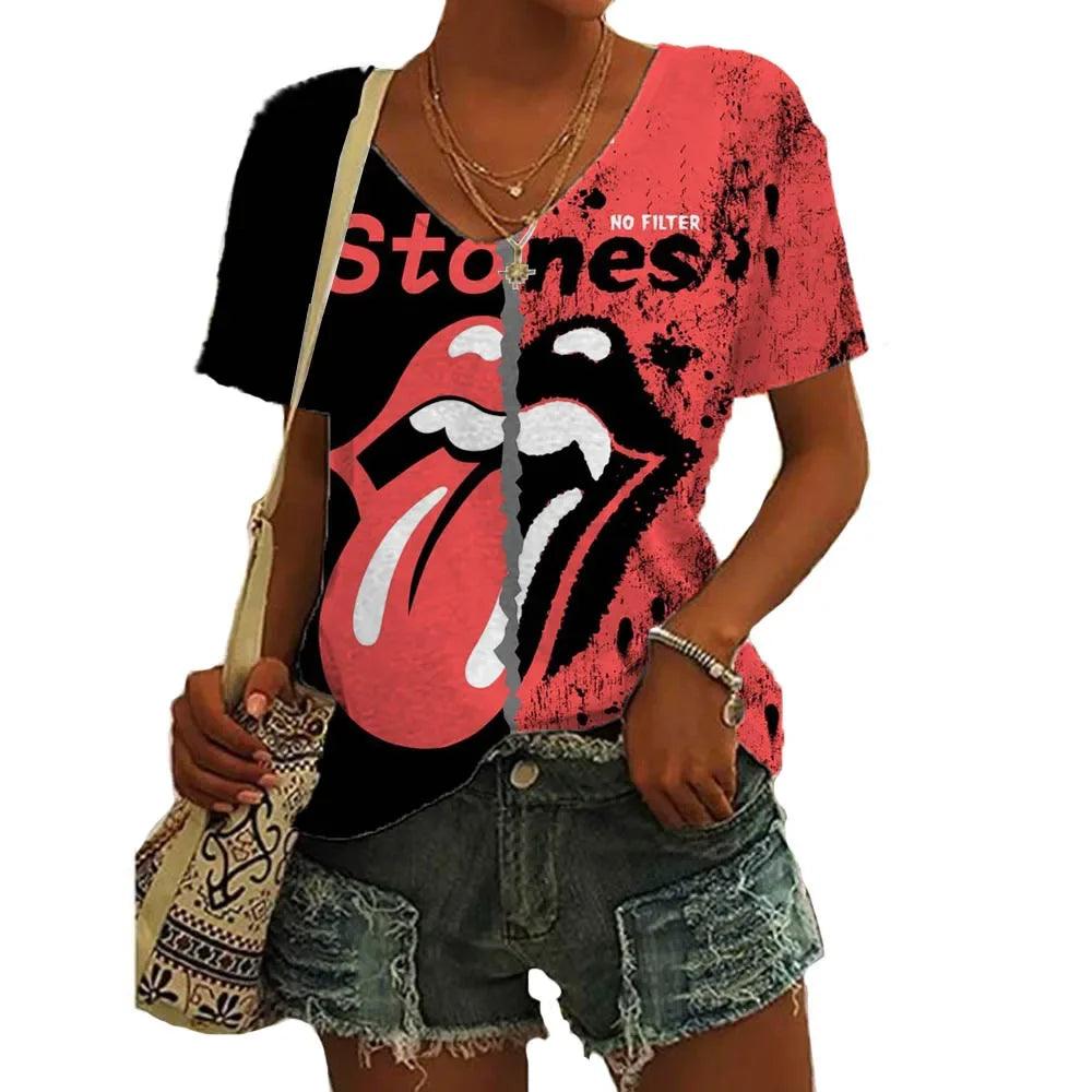 Rolling Stones Women's T Shirts 3d Lip Print Fashion Casual Short Sleeve V-neck Tops Tee Summer Harajuku Female Clothing - Lizard Vigilante