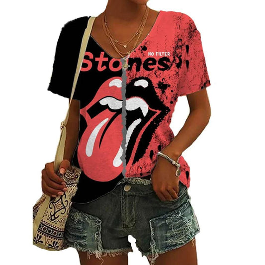 Rolling Stones Women's T Shirts 3d Lip Print Fashion Casual Short Sleeve V-neck Tops Tee Summer Harajuku Female Clothing - Premium t-shirt from Lizard Vigilante - Just $27.99! Shop now at Lizard Vigilante