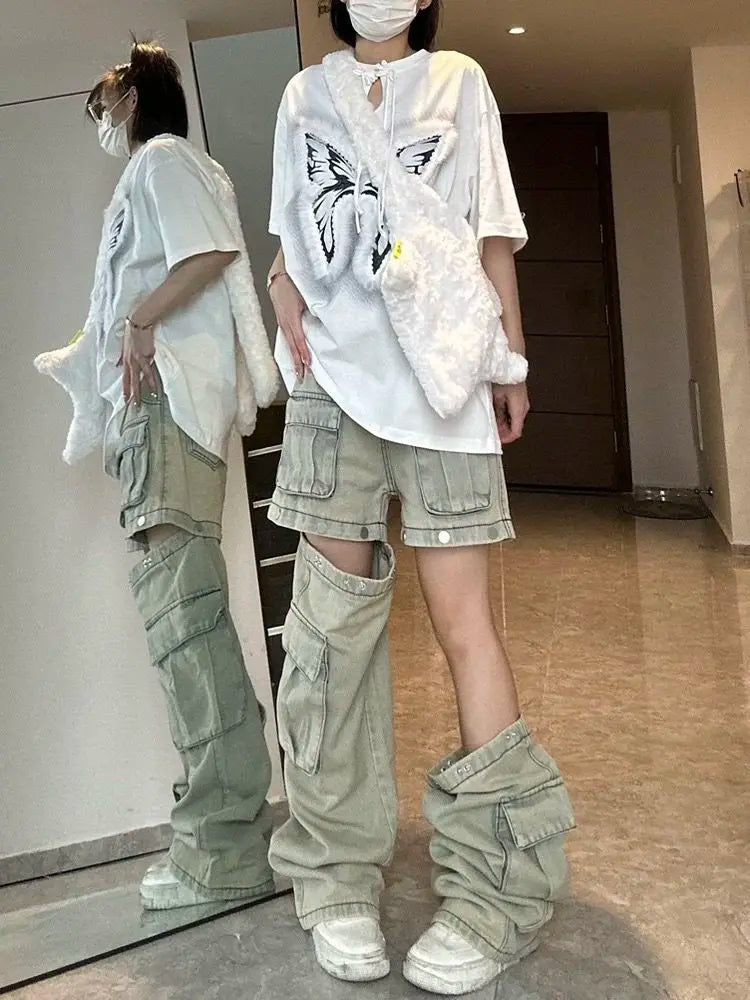 American New Detachable Design Sense Tooling Jeans Female Y2K Fashion Gothic Retro High Street Straight Small Vibe Waisted Pants