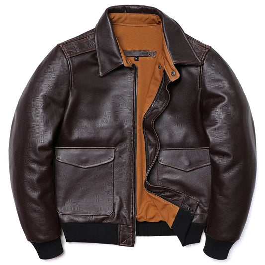 Men's Genuine Leather Jacket – Air Force Cowhide Flight Coat with Turn-Down Collar - Premium coat from Lizard Vigilante - Just $351.99! Shop now at Lizard Vigilante