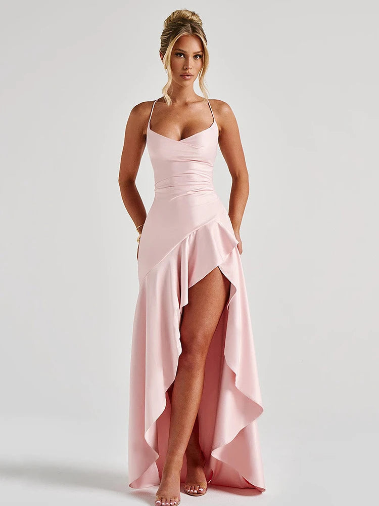 Articat Midnight Whisper – Spaghetti Strap Satin Maxi Dress with Side Split & Backless Heat