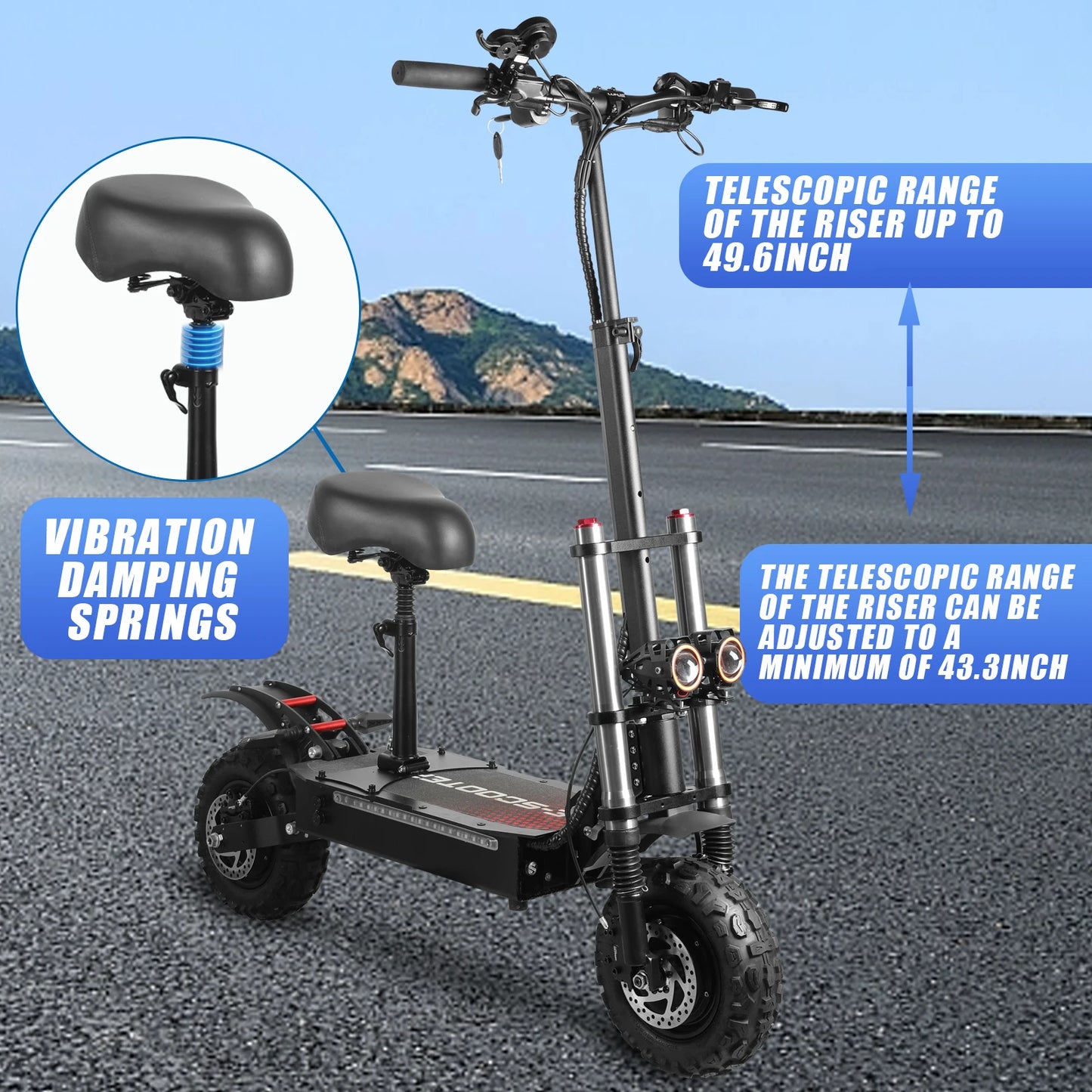 Off-road Electric Scooter with Seat,60V 38Ah Battery,60 Miles Range,440 Lbs Loading,50 Mph Fast Electric for Adults - Premium  from Lizard Vigilante - Just $1749.99! Shop now at Lizard Vigilante