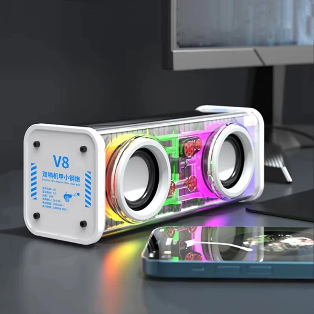 Bluetooth 5.0 Dual Speakers Wireless RGB1800mAh Transparent Mecha Speakers  Light Effect Loudspeaker Bass Subwoofer Mini Speaker