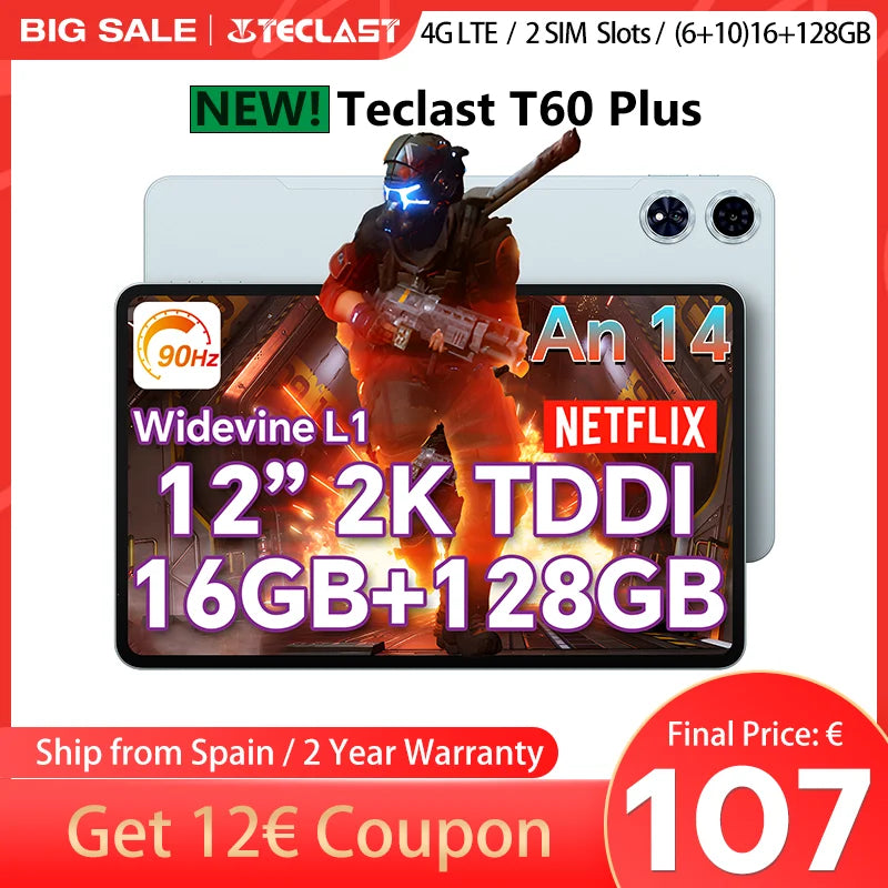 【New】Teclast T60 Plus 12 Inch Tddi 90Hz 2K Screen 2000X1200 Android 14 Widevine L1 Mtk Helio G88 (6Gb Ram+10Gb Expansion)16Gb/128Gb 8000Mah Battery 4g Lte Dual Sim Tf up to 1Tb