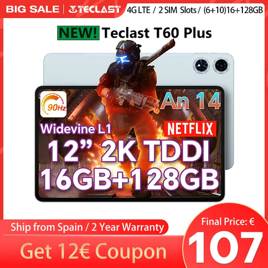 【New】Teclast T60 Plus 12 Inch Tddi 90Hz 2K Screen 2000X1200 Android 14 Widevine L1 Mtk Helio G88 (6Gb Ram+10Gb Expansion)16Gb/128Gb 8000Mah Battery 4g Lte Dual Sim Tf up to 1Tb