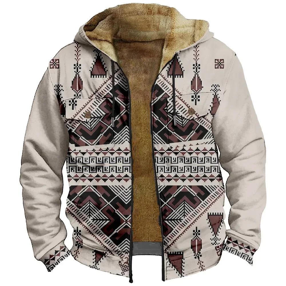 Retro Aztec Geometric Winter Jacket – Men's Plush Thick Streetwear Hunting Coat with Art Graphics & Fleece Lining - Premium jacket from Lizard Vigilante - Just $56.66! Shop now at Lizard Vigilante