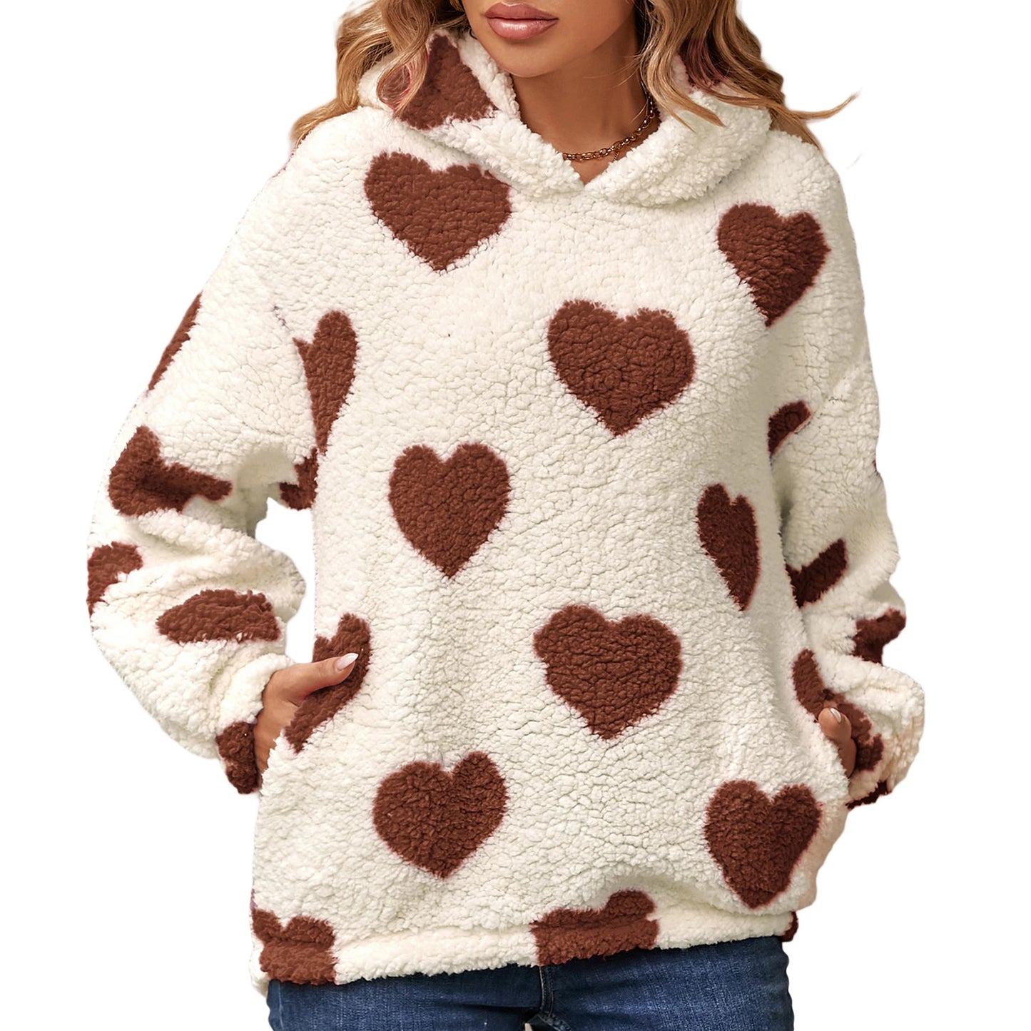 Women's Fuzzy Fleece Hoodies Valentine's Day Sweet Sweatshirts Heart Print Casual Long Sleeves Shaggy Sherpa Pullovers Coat - Premium hoodie from Lizard Vigilante - Just $38.88! Shop now at Lizard Vigilante