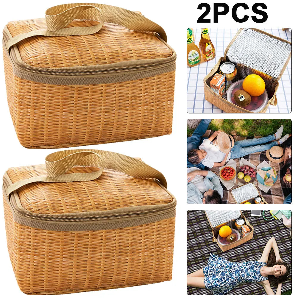 Wicker Rattan Outdoor Camping Picnic Bag Portable Waterproof Tableware Insulated Thermal Cooler Food Container Basket for Picnic - Premium  from Lizard Vigilante - Just $16.99! Shop now at Lizard Vigilante