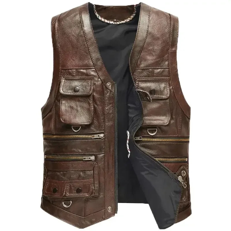 Men's Genuine Leather Imported Vest Male Multiple Pockets Sleeveless Coat Men V-neck Real Sheepskin Waistcoat - Lizard Vigilante
