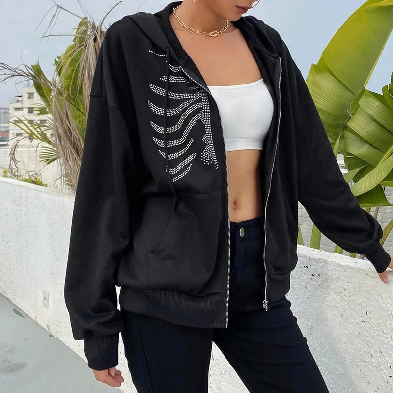 Rhinestone Skeleton Hoodies Women Gothic Black Zip Up Oversized Sweatshirts Y2K Female Retro Harajuku Hooded Jacket Streetwear - Premium hoodies from Lizard Vigilante - Just $37.95! Shop now at Lizard Vigilante