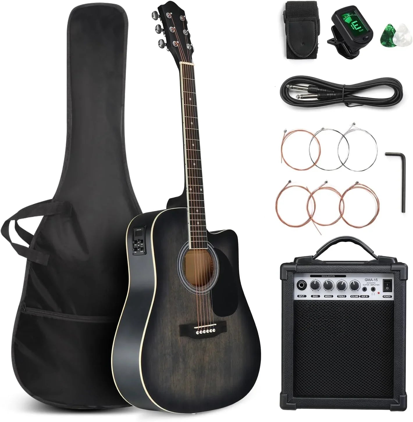 Full Size 6 Strings Acoustic Electric Guitar Beginner Kit w/ 15W Amp,w/Inbuilt Tuner, Bag, Strap, Picks, Strings - Premium  from Lizard Vigilante - Just $176.99! Shop now at Lizard Vigilante