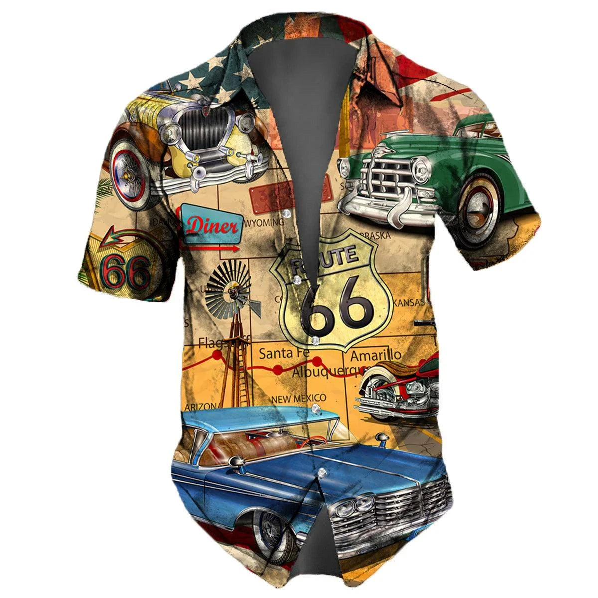 "U.S. Route 66 Retro Hawaiian Shirt" - 3D Fashion Short Sleeve Streetwear for Men - Premium hawaiian shirt from Lizard Vigilante - Just $26.66! Shop now at Lizard Vigilante