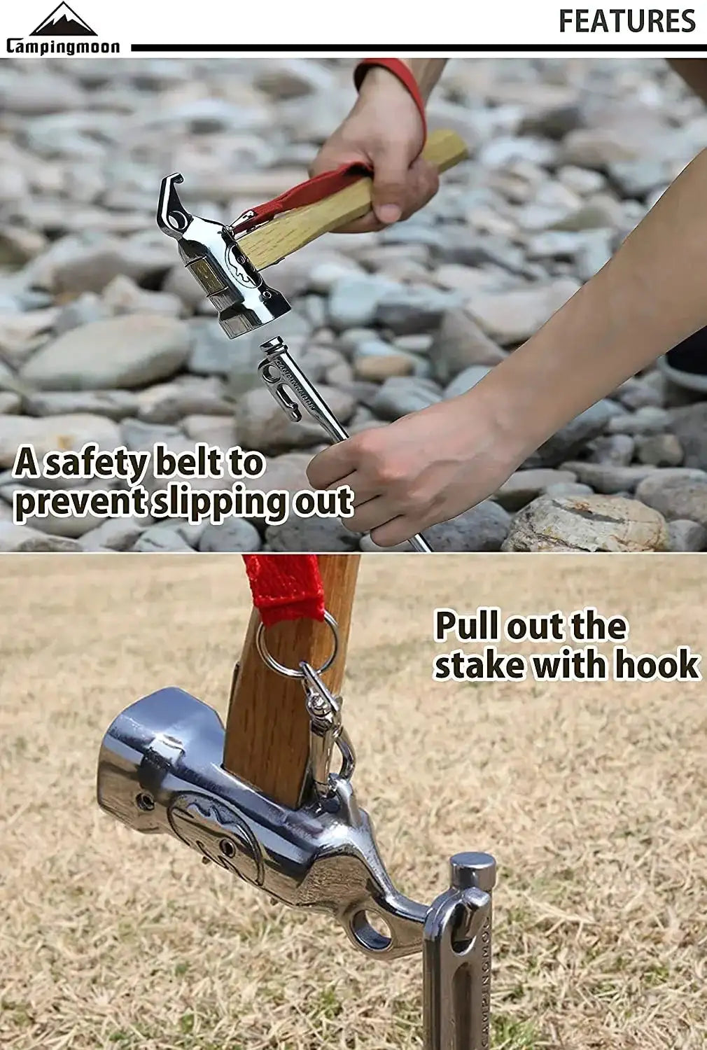 Campingmoon 1PCS Outdoor Multi-purpose Stainless Steel Copper Head Nail Puller Camping Hammer Fixed Tent Nail With Safety Rope