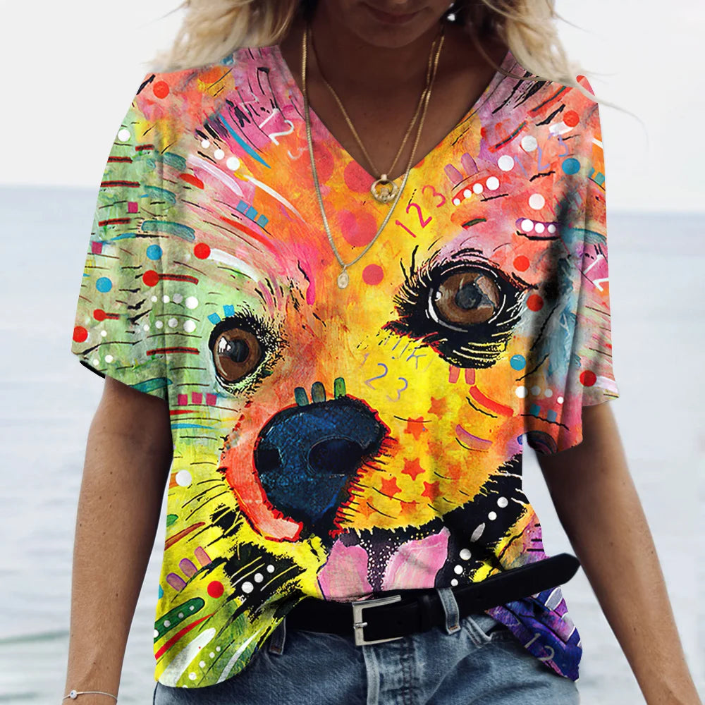 Summer 3D New Women's V-Neck Top Short Sleeved T-Shirt Cute Dog Print Casual Cute Versatile Shirt - Premium T-shirt from Lizard Vigilante - Just $22.99! Shop now at Lizard Vigilante