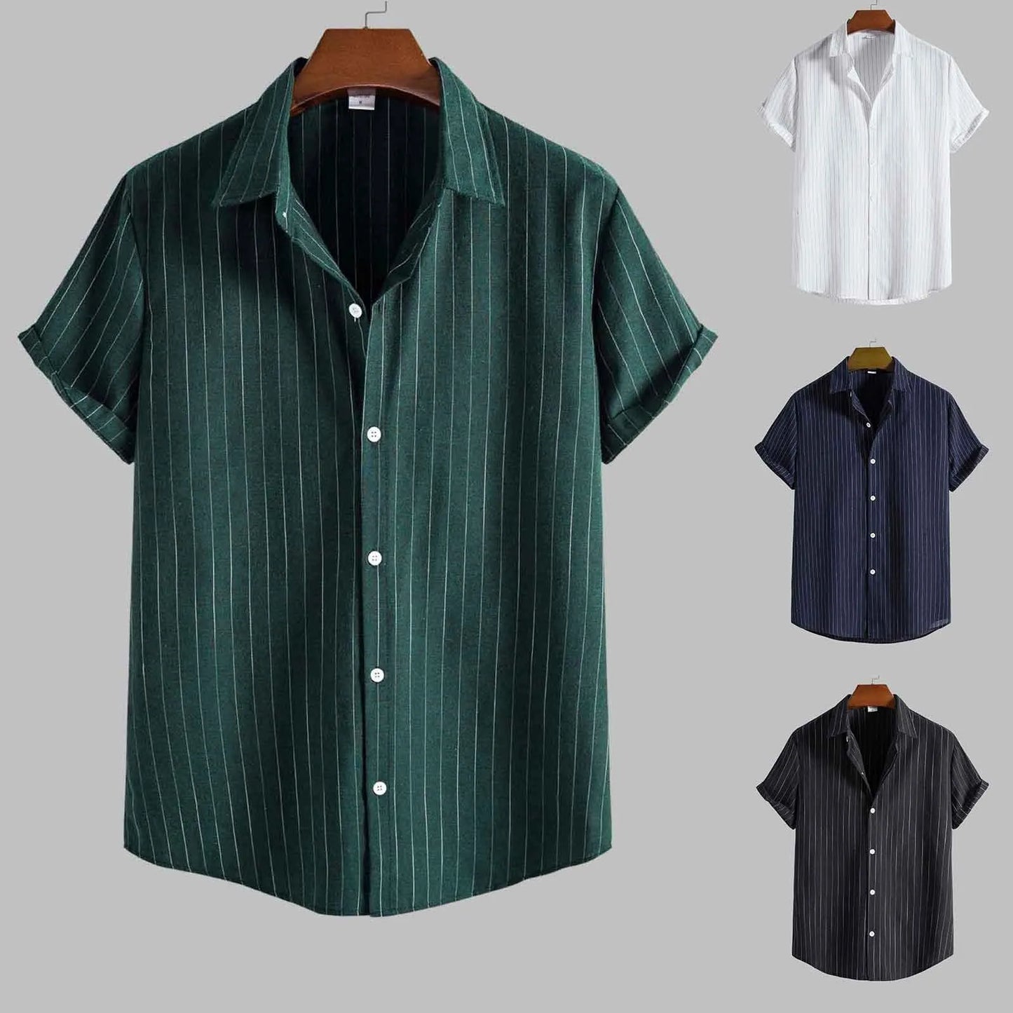 Mens Shirts Casual Striped Short Sleeved Shirts Turn-Down Collar Shirt Top Fashion Summer Male Clothing 2024 Harajuku Streetwear - Premium  from Lizard Vigilante - Just $11.99! Shop now at Lizard Vigilante