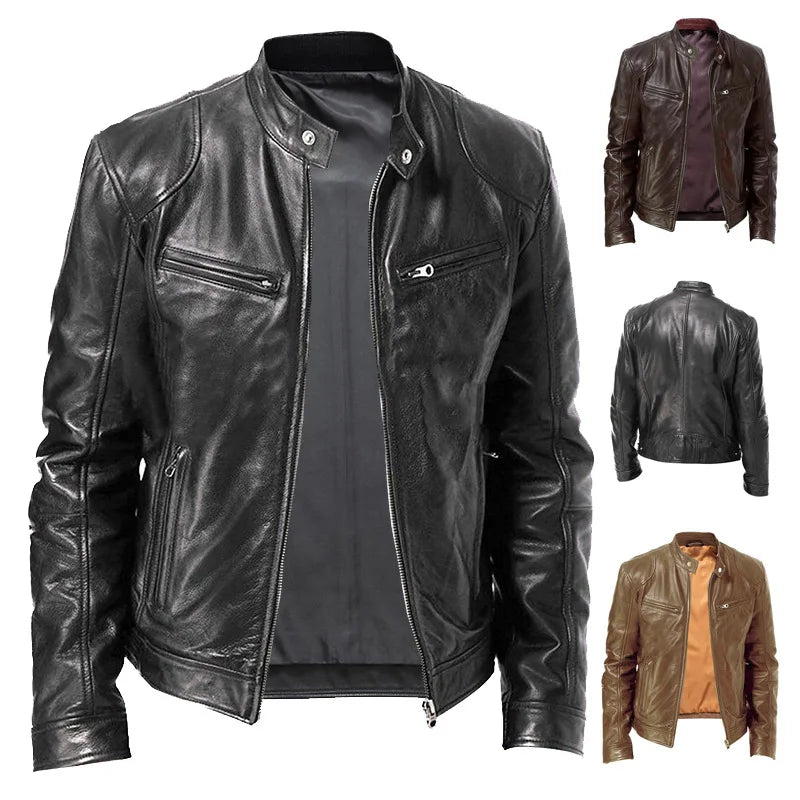 Men's PU Leather Motorcycle Jacket – Slim Biker Windbreaker with Pillow Collar - Premium jacket from Lizard Vigilante - Just $58.88! Shop now at Lizard Vigilante