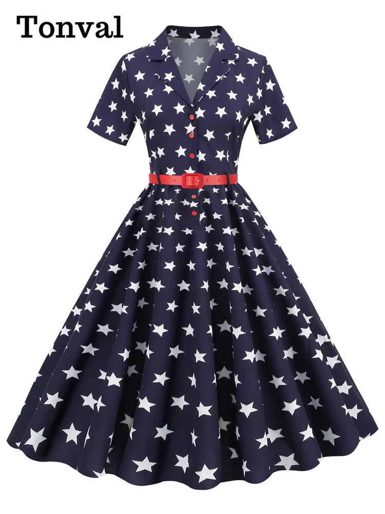 2024 Election American Flag Collar Button Up Star Print Women Short Sleeve Belted 50s 60s Pinup A-Line Vintage Dresses - Lizard Vigilante