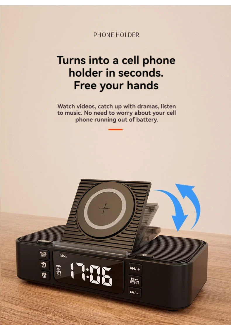 Portable Bluetooth Speaker with Wireless Charging Atmosphere Light Clock Alarm Function Double Speaker USB Charging