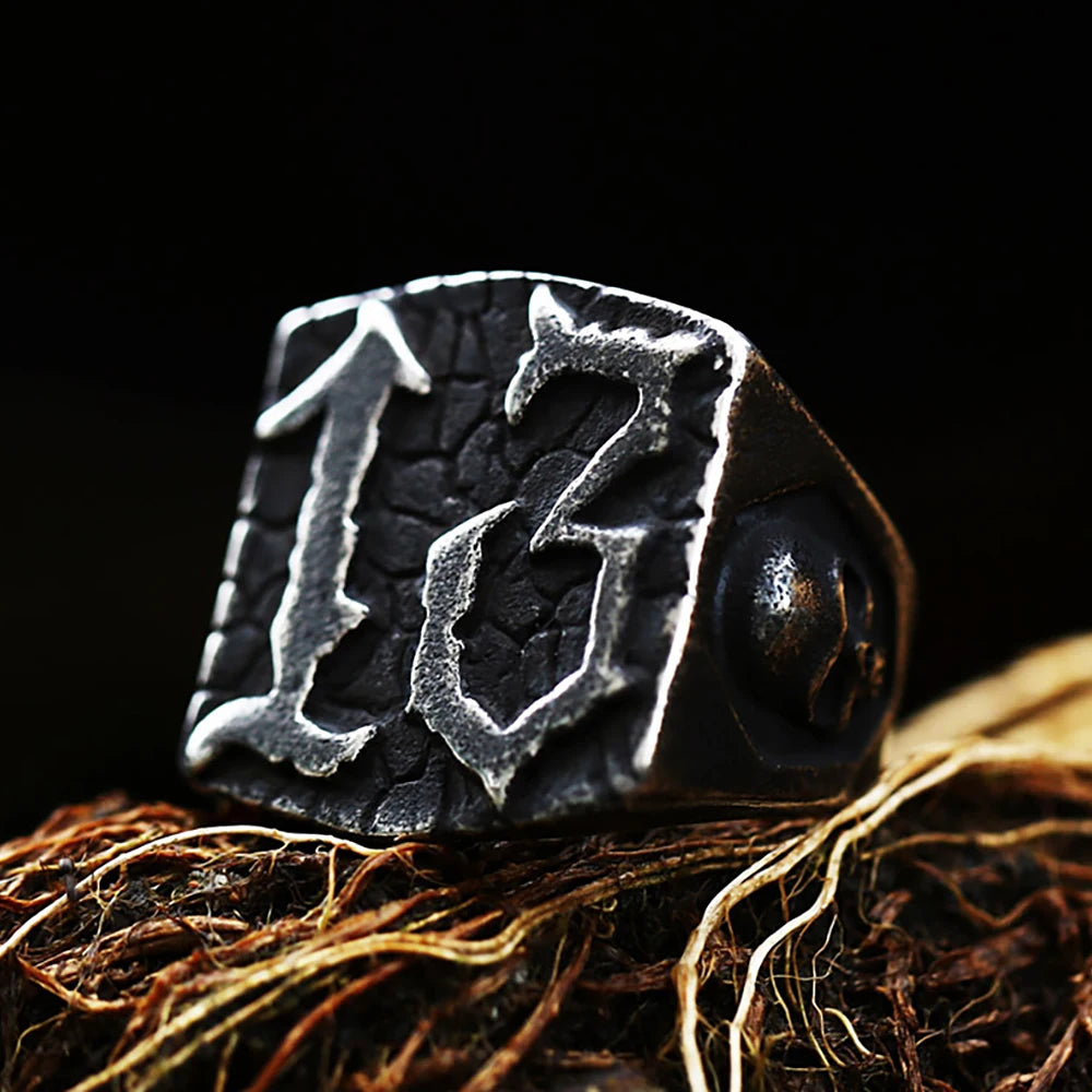 Punk Hip Hop Men's Lucky Number 13 Ring - Retro Black Stainless Steel Gothic Skull Biker Jewelry - Premium ring from Lizard Vigilante - Just $19.99! Shop now at Lizard Vigilante