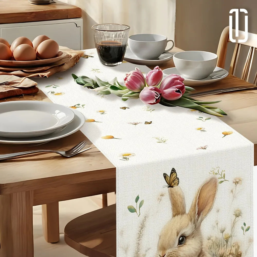 1pc Easter Bunny and Floral Egg Table Runner for Spring Holiday Home Decor, Easter Celebration Tablecloth Gift Idea