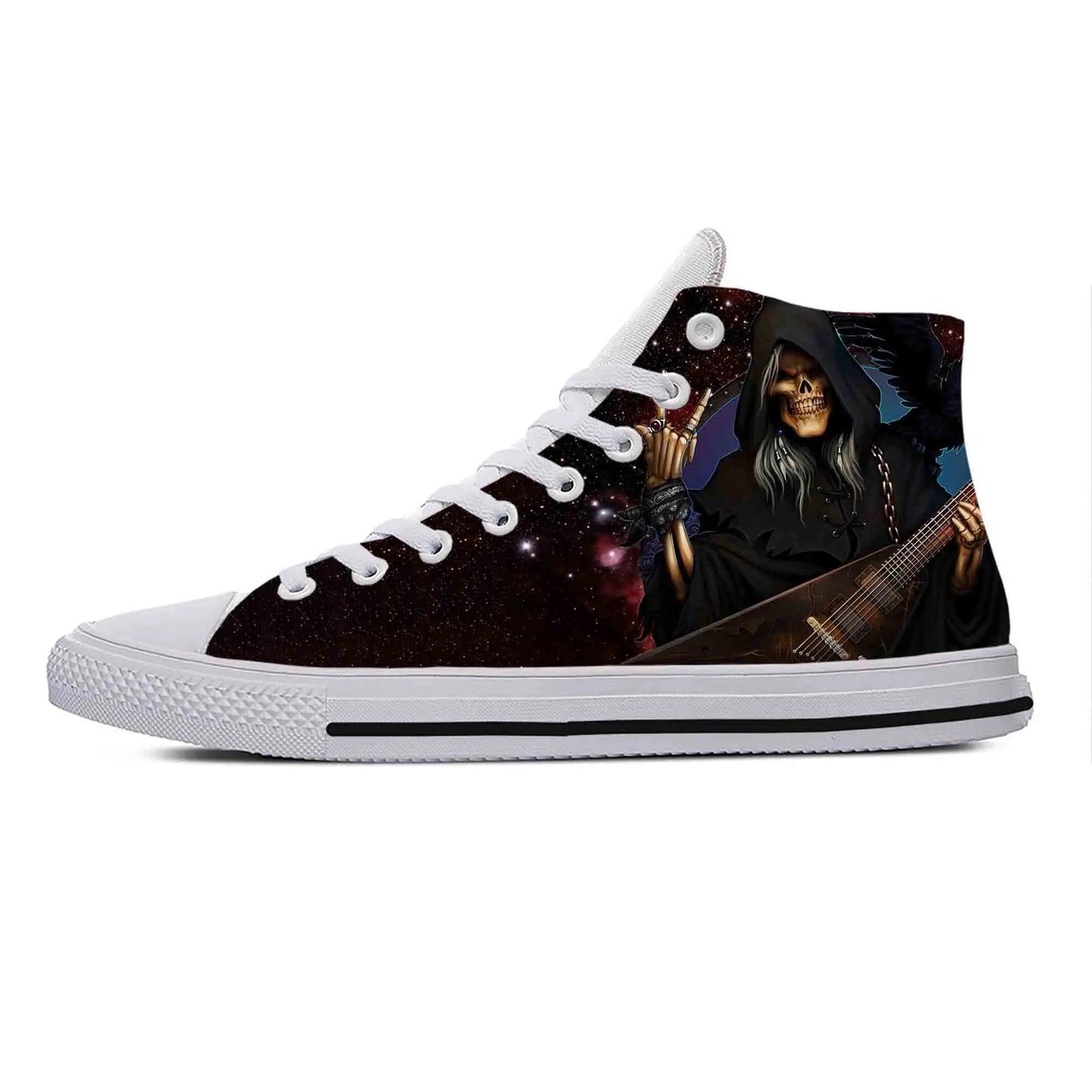 Gothic High-Top Canvas Sneakers with 3D Print – Casual Skull High Top Shoes for Men and Women Heavy Metal Rock Skull Guitar Grim Reaper - Premium Shoes from Lizard Vigilante - Just $39.99! Shop now at Lizard Vigilante