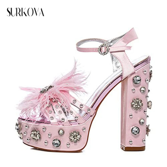 Bejeweled High Heel Sandals Ornate Feather Narrow Band Platform Open Toe Sandals Solid Slingback Chunky Heels Women Dress Shoes - Premium shoes from Lizard Vigilante - Just $233.99! Shop now at Lizard Vigilante